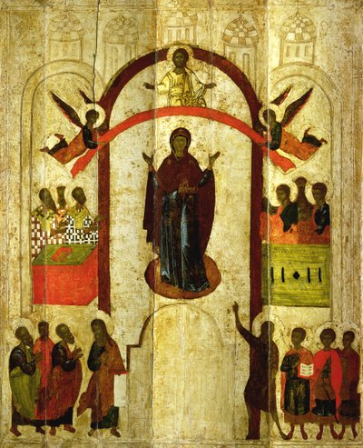 The Protection of the Theotokos (Mother of God) Russian icon from the Zverin Monastery by Novgorod School